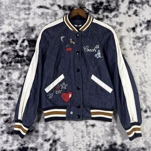 Coach Denim Varsity Jacket Womens Small Dark Wash Blue Embroidered Cutesy Girly